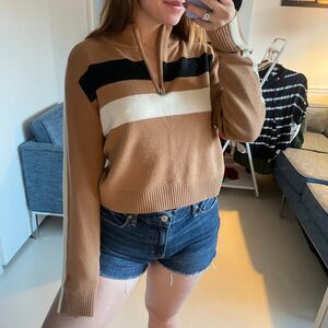 Perfect Moment Merino Wool Cropped Quarter-Zip Mock Neck Sweater Brown XL